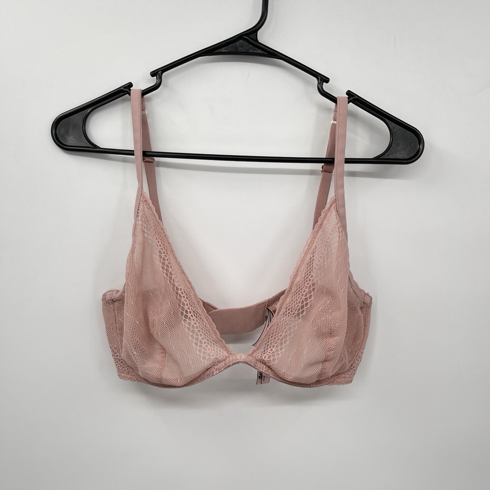 Victoria's Secret 32DD Unlined Plunge Bra Womens Pink Mesh Lace Underwire